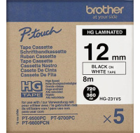 BROTHER HGE-231V5 Labelling Supplies, 12mm Black/White (5 pcs Pack) High Grade Tape