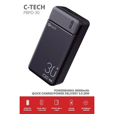 BAZAR - C-TECH Powerbanka 30000mAh, Li-Pol, 20W, USB-C/USB-A/micro USB, poškozený obal