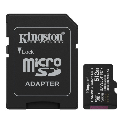 Kingston MicroSDXC karta 512GB Canvas Select Plus, U3, V30, A1, SD Adaptér