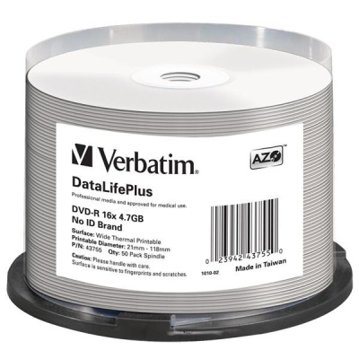 VERBATIM DVD-R(50-Pack)/Spindle/16X/4.7GB/DataLife Plus Wide Thermal Professional No ID Brand