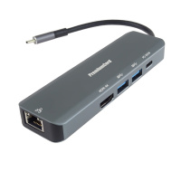 PREMIUMCORD Adaptér USB-C na Gigabit 10/100/1000Mbps + 1x HDMI, 2x USB3.2, 1x PD 100W konektor, Šedá