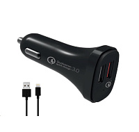 WG - Autonabíječka 2x USB, Quick Charge 3.0 5,4 A, + kabel USB-A na Lightning MFI, černá