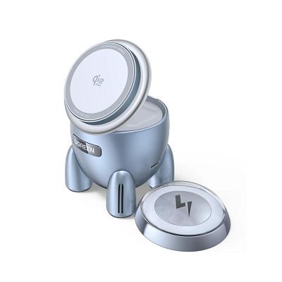 UGREEN magnetická bezdrátová nabíječka 2v1 MagFlow Qi2.2, 25W, MagSafe, raketa, stříbrná