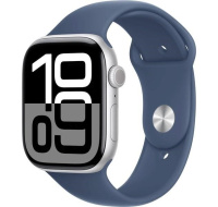 Apple Watch Series 10 GPS + Cellular 46mm Silver Aluminium Case with Denim Sport Band - S/M