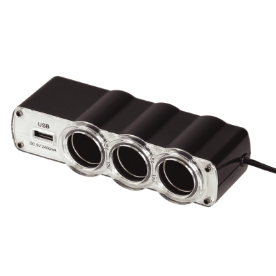 WG - Nabíječka do auta,  rozbočovač, 3x zásuvka zapalovače 12V + 1x USB-A, s prodloužením