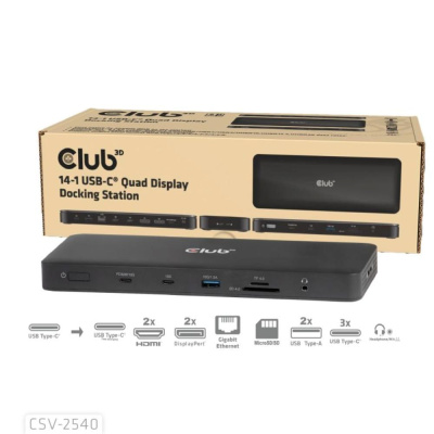 Club3D Dokovací stanice USB-C 14v1, 2xHDMI, 2xDP, 3xUSB-C, 1xUSB-C PD, 2xUSB, 1xRJ45, 1x3.5mm, microSD/SD, černá