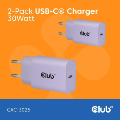 Club3D Nabíječka, USB-C, Power Delivery 15V/2A, 2-pack, fialová