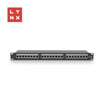 LYNX 19" patch panel 24-port, FTP Cat6a, 50µ, stíněný, černý