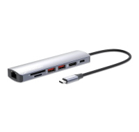 MANHATTAN Dokovací stanice USB-C 7v1, 1xHDMI, 1xUSB-C, 2xUSB, 1xRJ45, čtečka SD karet, šedá