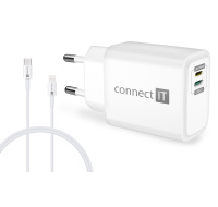 CONNECT IT Duplex nabíjecí adaptér 1xLightning, 1×USB-C, 20W, 1xLightning - USB-C kabel, bílá