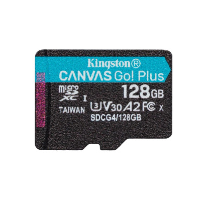 Kingston MicroSDXC karta 128GB Canvas Go! Plus, R:200/W:160MB/s, Class 10, UHS-I, U3, V30, A2 + Adaptér