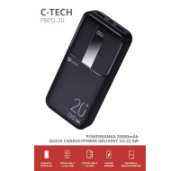 C-TECH Powerbanka 20000mAh, Li-Pol, 22,5W, USB-C/USB-A/micro USB