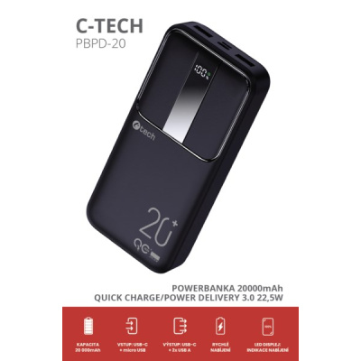C-TECH Powerbanka 20000mAh, Li-Pol, 22,5W, USB-C/USB-A/micro USB