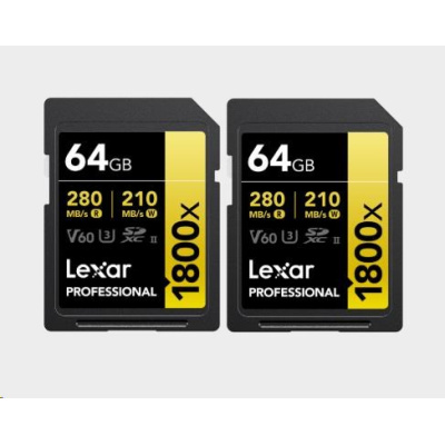 Lexar SDXC Pro 1800x U3 UHS-II R280/W210 (V60) 64GB - 2pack